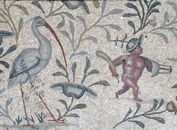 Villa Selene, Terrace, mosaic of pygmees and a crane